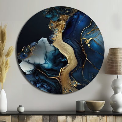 Géode abstraite or et marbre bleu V - Art abstrait rond en métal