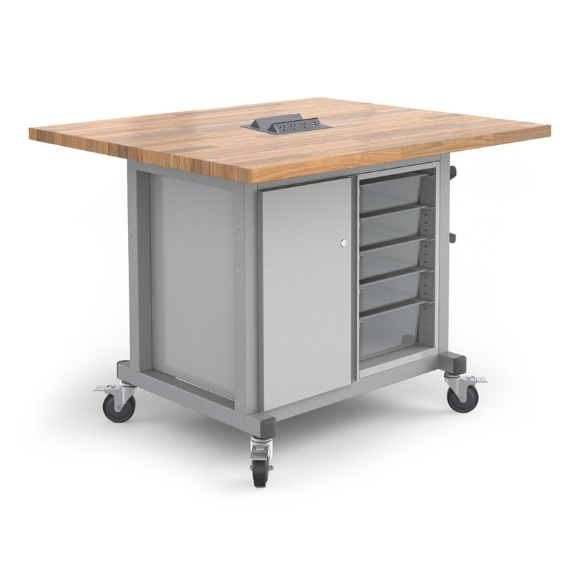 Explorer Maker table with 1 Bin module with bins & 1 Storage module with locking doors and power