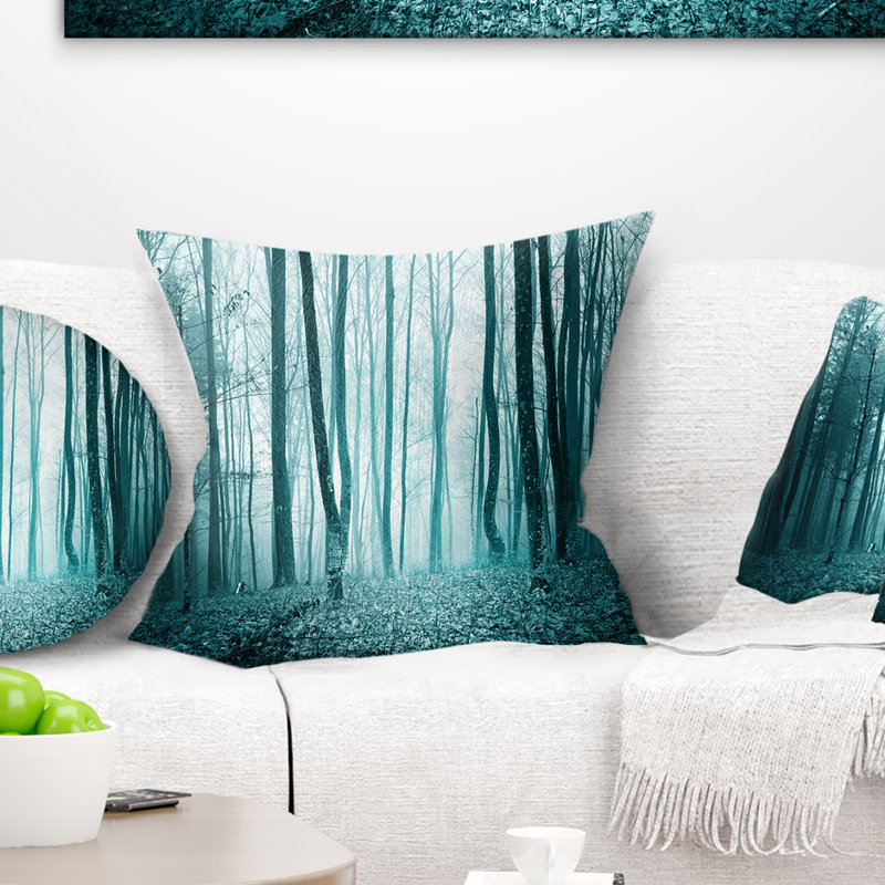 Forêt magique de couleur turquoise - Coussin imprimé forêt, 16 po x 1 po, Coussin décoratif