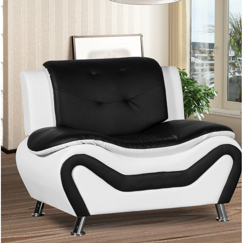 Fauteuil club en velours touffeté de 46 po de largeur Lizbeth, Similicuir noir / blanc