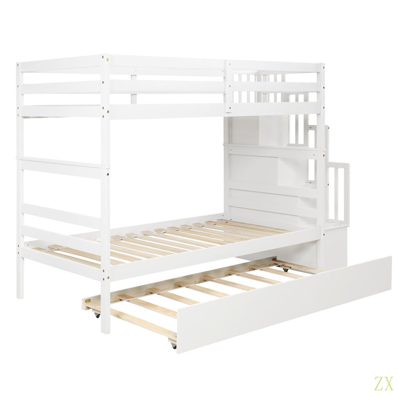 Lits simples superposés avec lit gigogne simple et fonction de rangement pour escalier