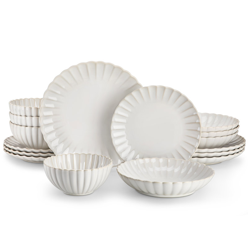 vancasso 16-Piece Petal Ceramic Dinnerware Set for 4, Stackable, Microwave & Dishwasher Safe, Beige