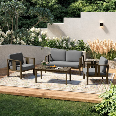 Junco Teak Outdoor Four-person Patio Set with Cushions and Two Tables