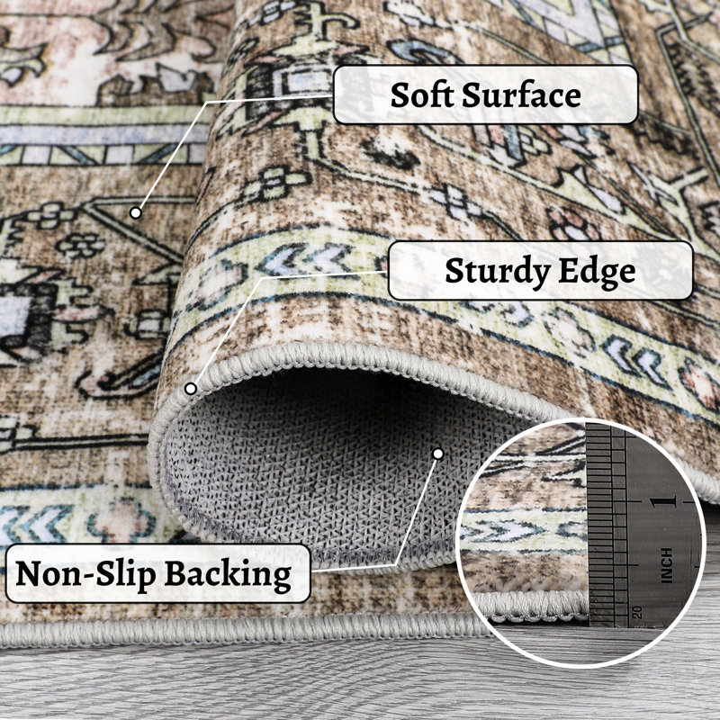 Oriental Machine Washable Rug with Rubber Backing for Living Room Vintage Non-Slip Dining Room Rug Easy-Cleaning Floor Carpet for Bedroom Office Nursery Playroom