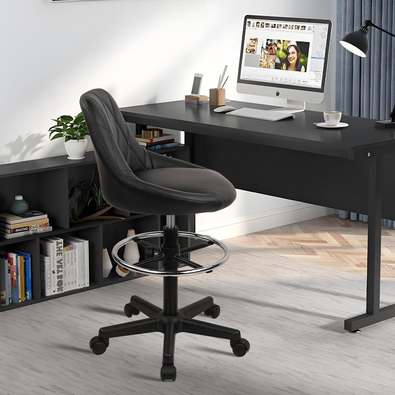  Chaise de dessinateur réglable avec dossier et roulettes, tabouret pivotant haut avec repose-pieds réglable en hauteur, chaise de bureau ergonomique en similicuir pour bar, noir
