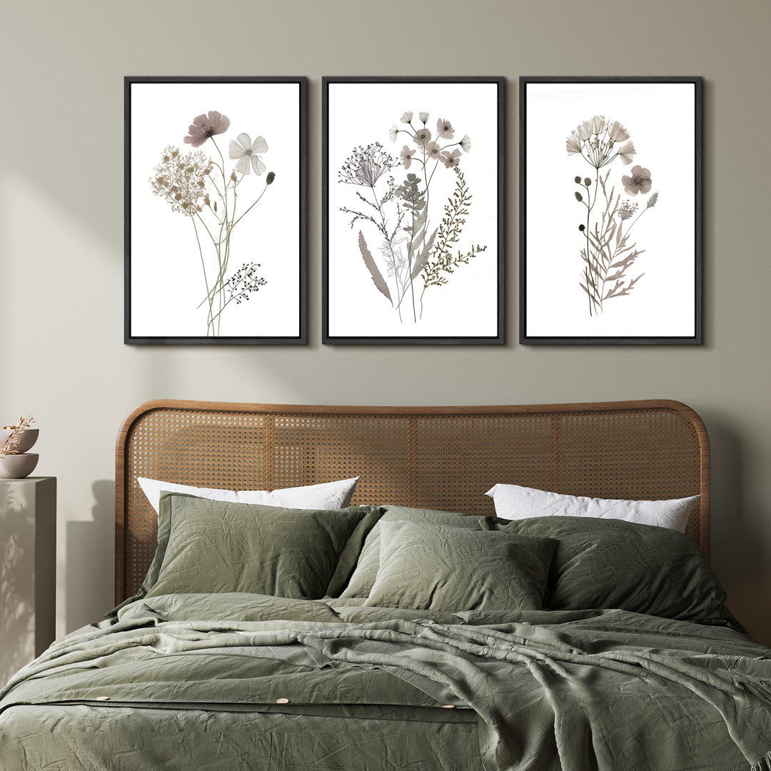 Wildflowers Floral & Botianical Neutral Minimlist Pictures Framed 3 Pieces Canvas Print Wall Art IDEA4WALL Frame 