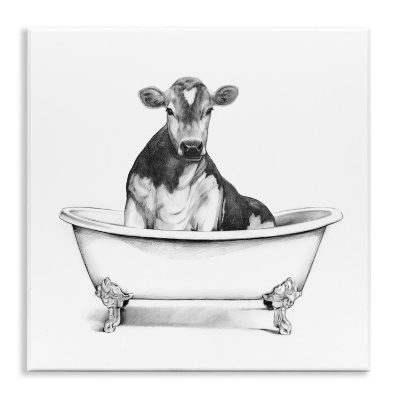 Cow in Claw Tub Black and White Wood Wall Art