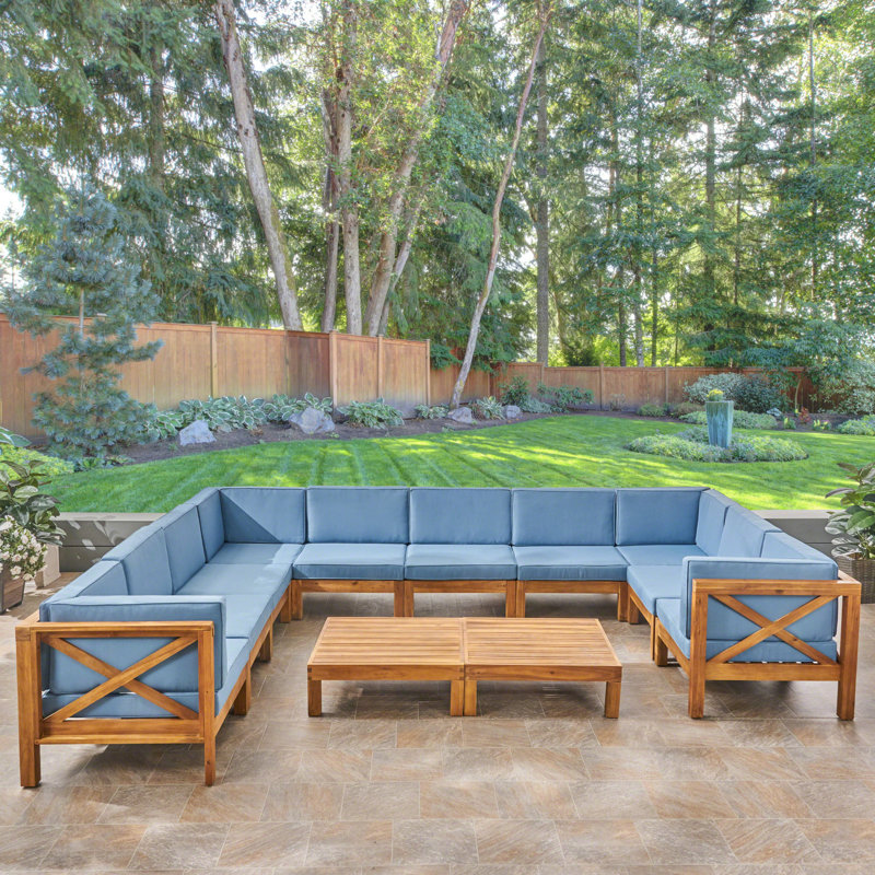 Ensemble de conversation modulaire d'extérieur 12 pièces avec coussin, Structure teck / coussins bleu