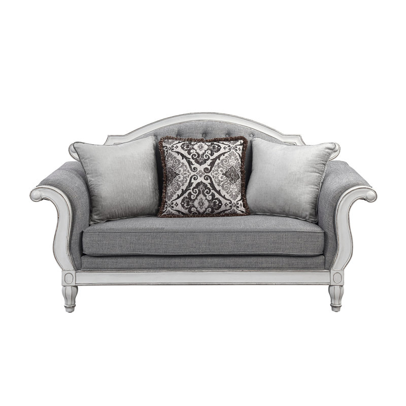 Causeuse Florian en tissu gris et blanc antique avec 3 coussins