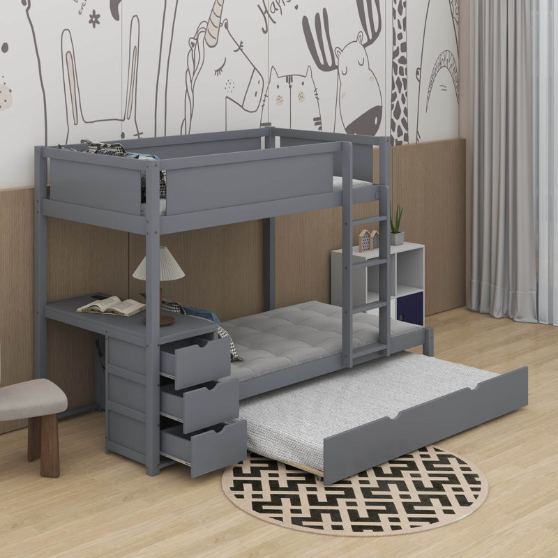 Twin Over Twin Bunk Bed With Trundle And Desk, Gray