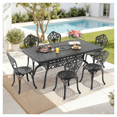 Table rectangulaire rectangulaire en aluminium toutes saisons en aluminium 7, structure noire, fabrication artisanale, sièges résistants aux intempéries et 6 places, style élégant, résistance à la corrosion, pieds antidérapants, 6