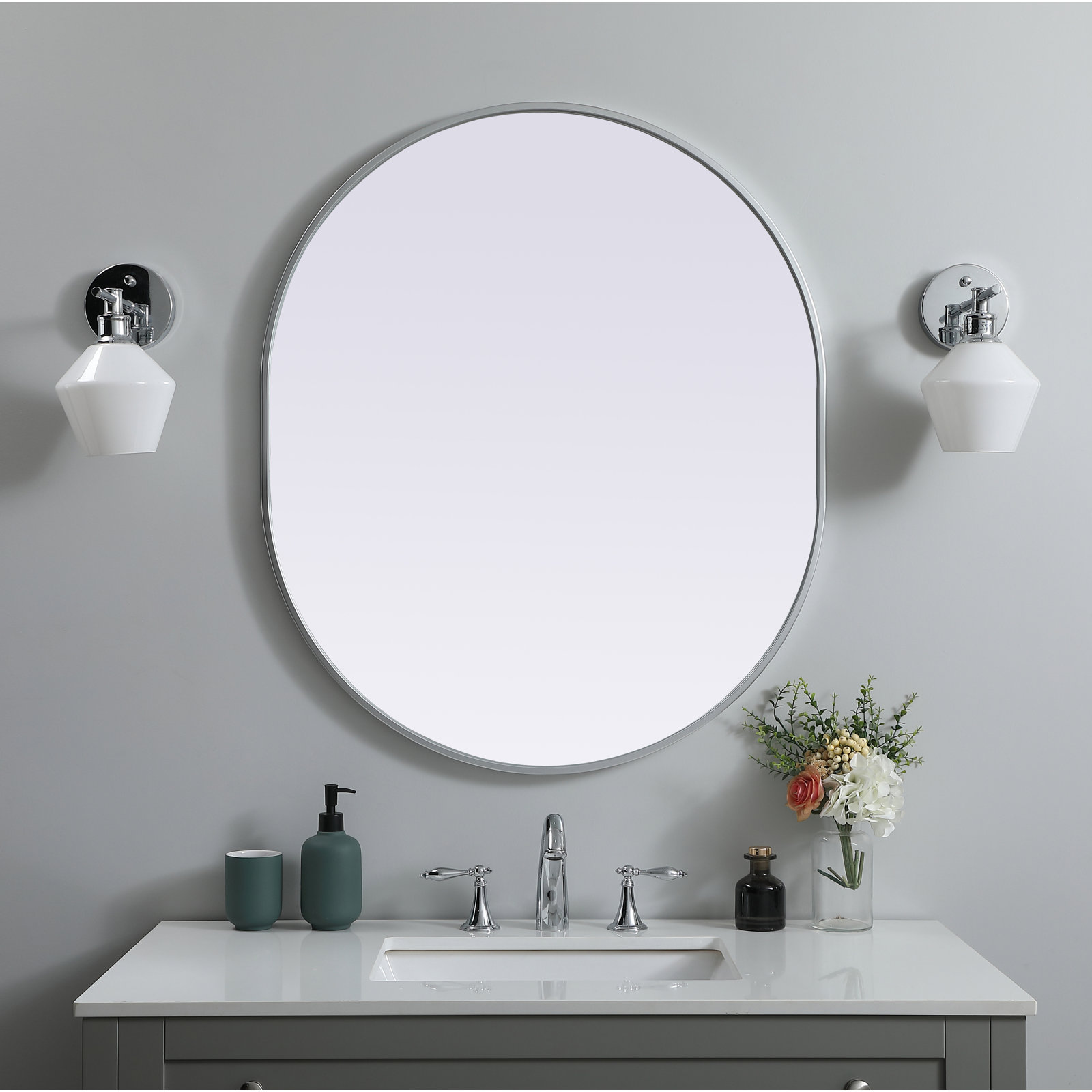 Sabine Metal Pill Wall Mirror, Silver, 36" x 30"