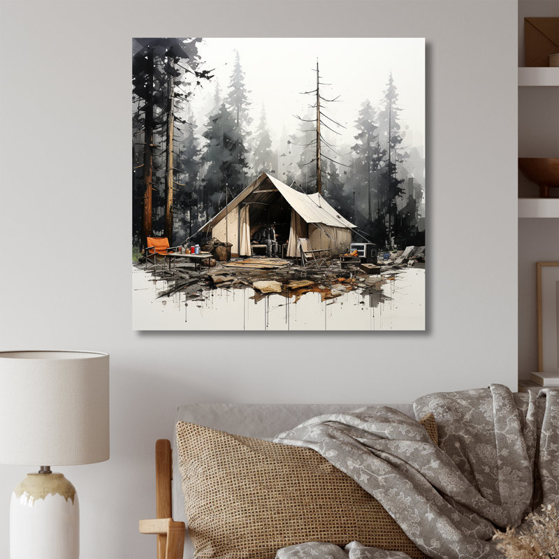 Tente de camping dans un paysage hivernal, H 16 po x l 16 po x P 1 po, Toile tendue