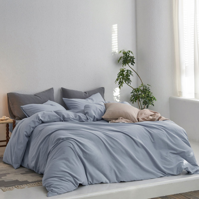 MooMee Duvet Cover Set with Zipper Closure & 8 Interior Ties 100% Washed Cotton Twill Soft Linen Like Textured