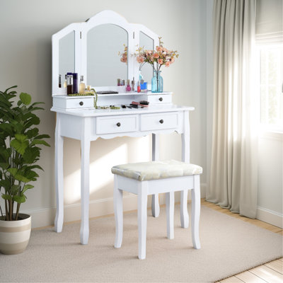 White Wooden Vanity Make Up - Spacious Drawers And Comfortable Chair In , With A Four Storage Seat
