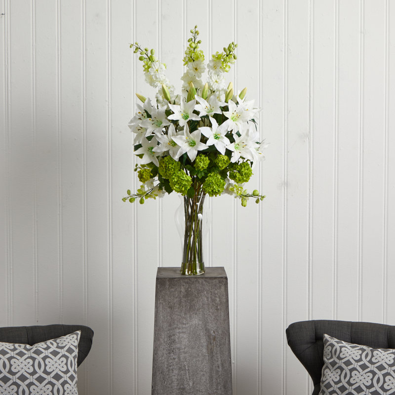 White Silk Lily and Hydrangea Flower Arrangement in Decorative Vase