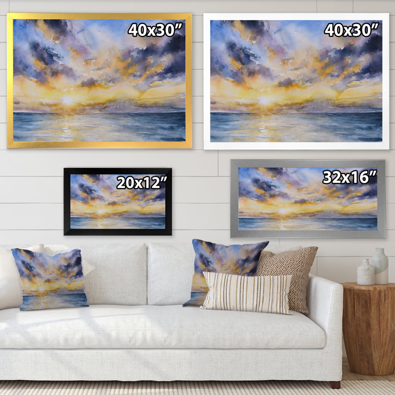 Coucher de soleil jaune sur un lac bleu - peinture sur toile, H 24 po x l 32 po, Cadre d'angle fermé noir