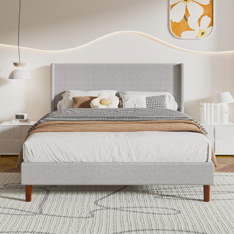 Queen Size Bed Frame, Linen Upholstered Platform with Wingback Headboard, Wooden Slats Support, No Box Spring Needed, Easy Assembly, Light Grey