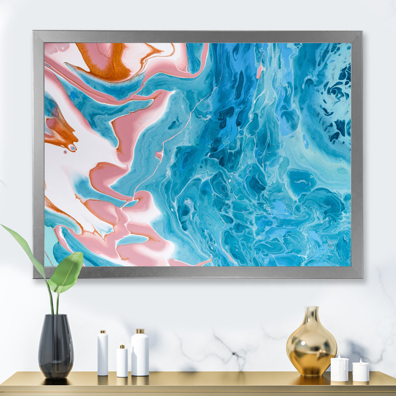 Turquoise et rose, univers en marbre - peinture sur toile, H 12 po x l 20 po, Cadre de coin argenté fermé
