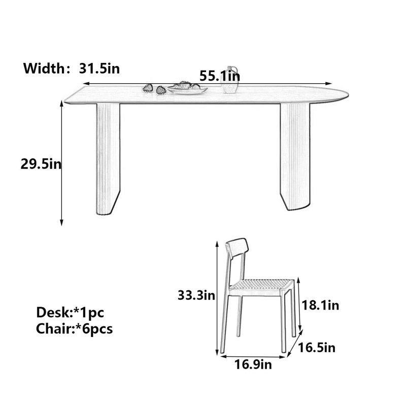 Table de salle à manger Modern, H 29,5 po x l 55,1 po x P 31,5 po, 7 pièces : table, 6 chaises