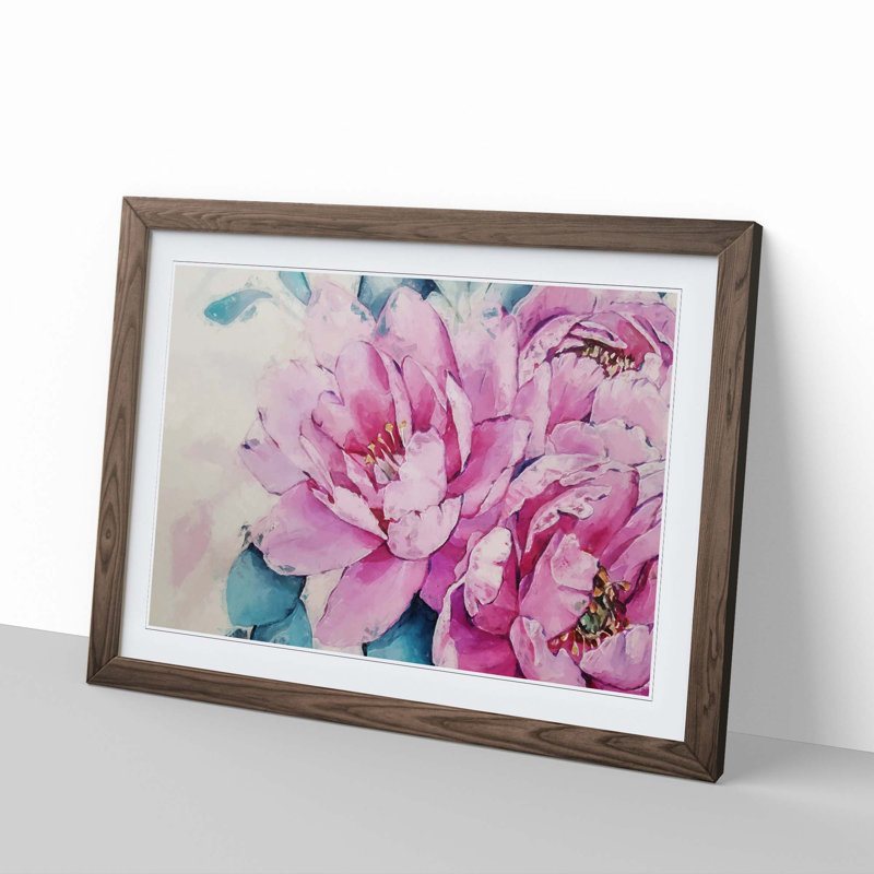 Watercolour Pink Peonies in Abstract - Picture Frame Painting Print, Walnut, 60cm H x 91cm W x 2cm D