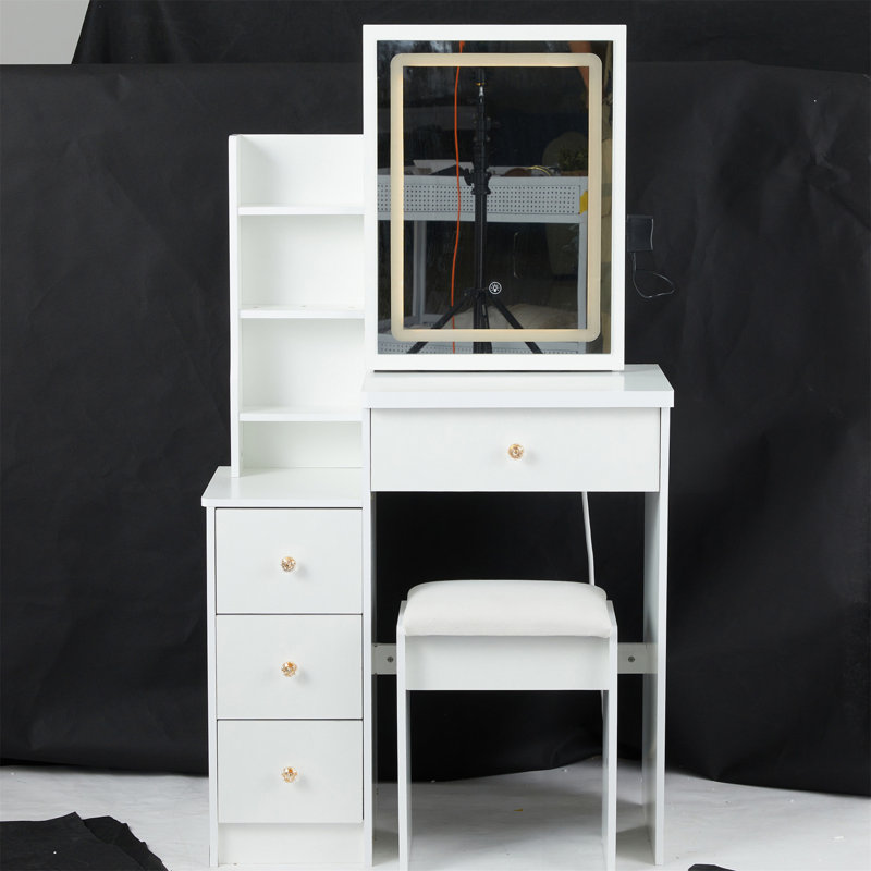 29.2" Small Size Left Bedside Cabinet Vanity Table + Cushioned Stool, Large Sliding, Touch Control, Tri-Color Switching, Brightness Adjust LED Mirror, High Capacity Storage, Suitable For Small Space