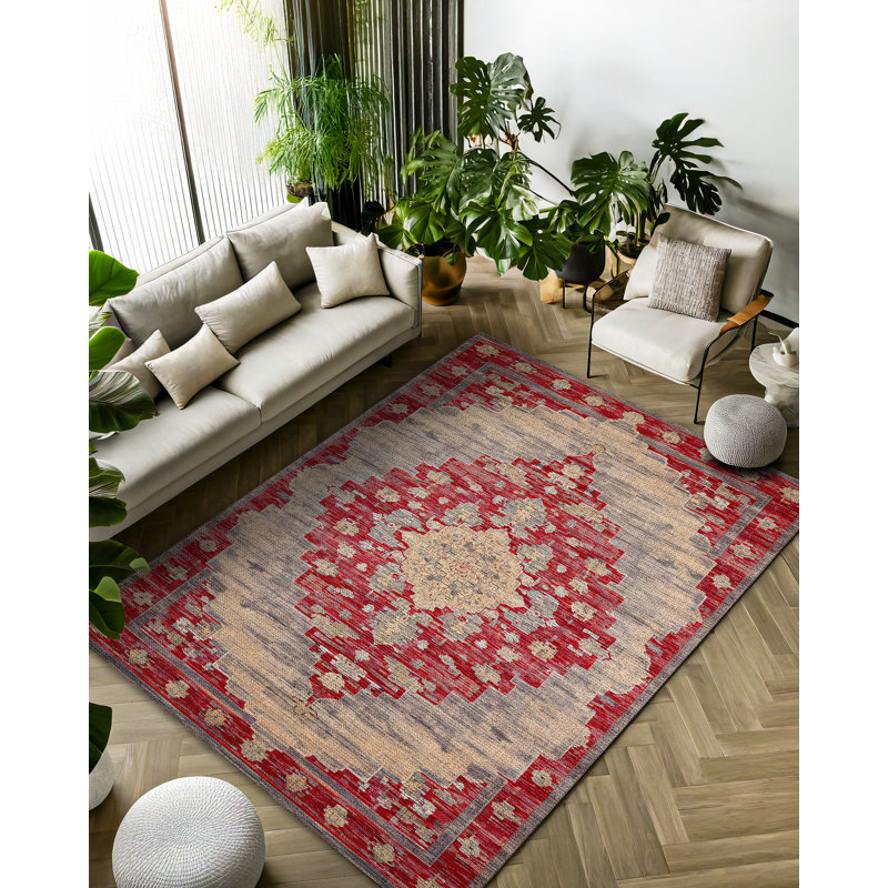 Notto Burgundy Beige Oriental Machine Printed Cotton Polyester Area Rug, Rectangle 6'7" x 7'3"