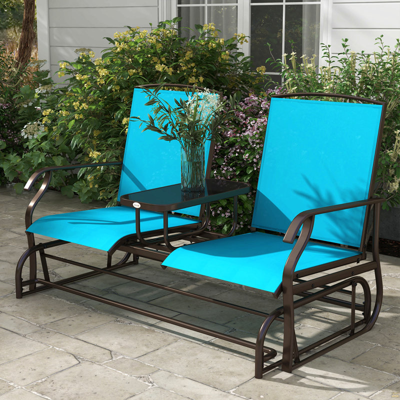 Outdoor Glider Bench With Center Table, Metal Frame Patio Loveseat With Breathable Mesh Fabric And Armrests