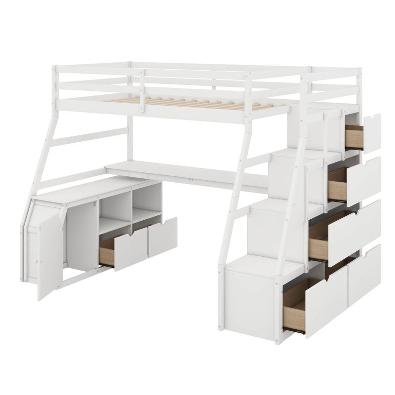 Lit mezzanine simple avec tiroirs Jeffree Kids, Blanc, Twin