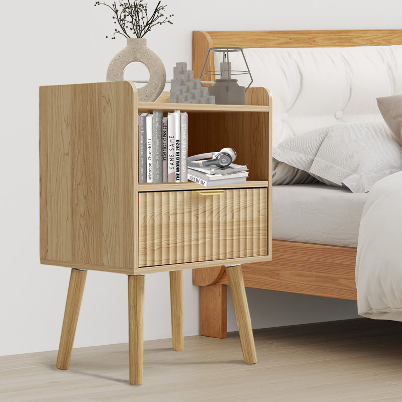 Set of 2 Fluted Nightstands with Charging Station - 16" Modern Bedside Tables with Drawer and Storage, Mid-Century Style with Curved Profile,Natural Oak