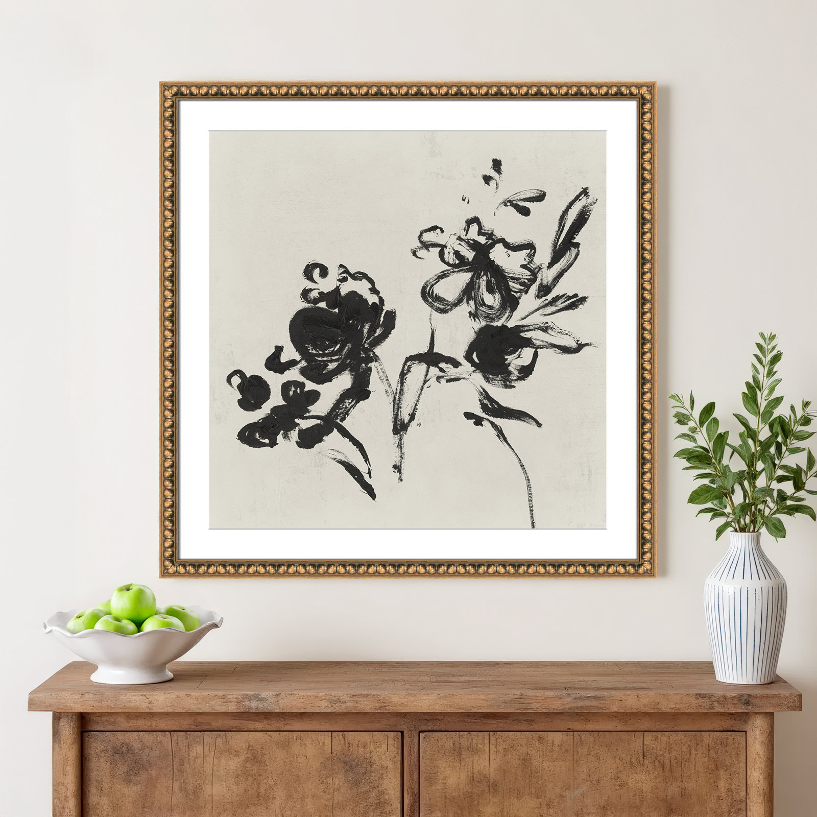 Black Florals I by Isabelle Z - Picture Frame Painting, 33.25" H x 33.25" W , Gold Bead