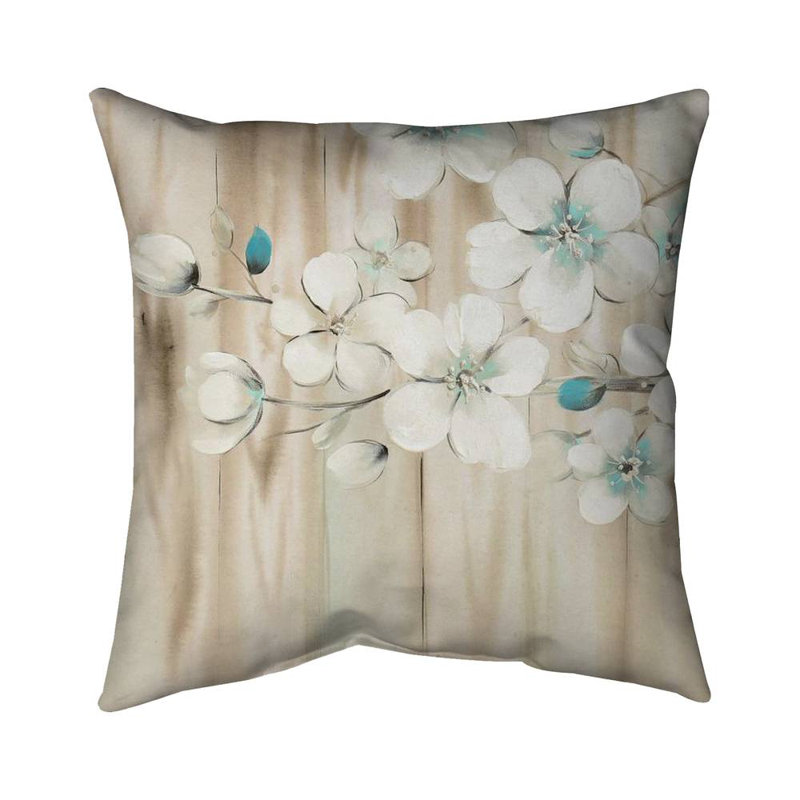 White flowers on wood - 20"x20" Throw pillow - Poly twill - Print on demand, 20"H x 20"W