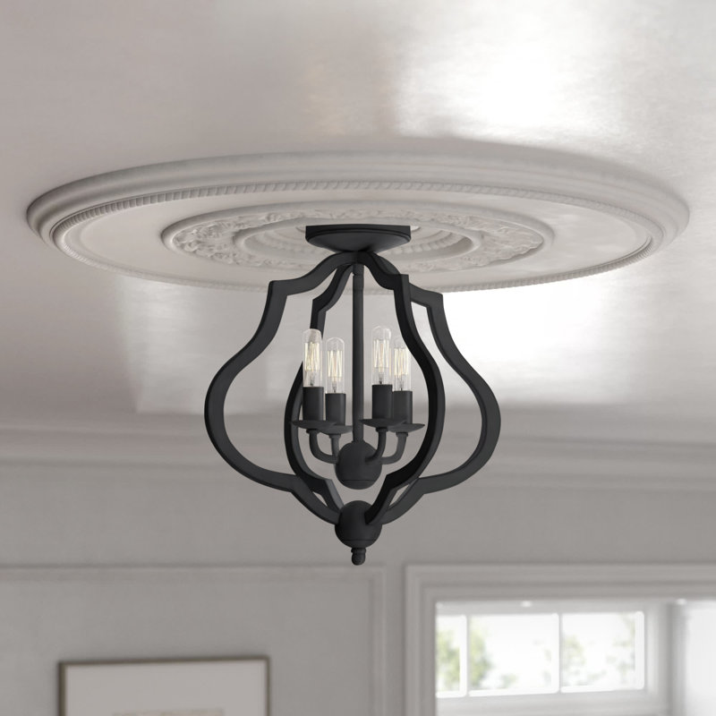 Plafonnier semi-encastré géométrique de style lustre à 4 lumières de 15 po Borger, Noir mat