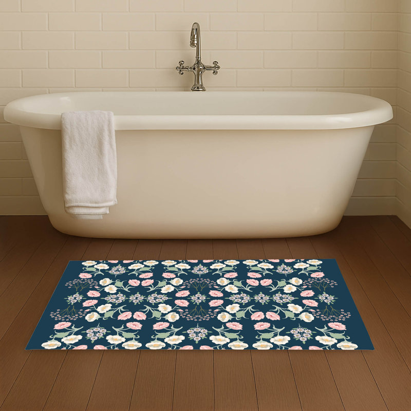 May flowers Non-Skid Bath Mat, 24" L x 17" W, Navy
