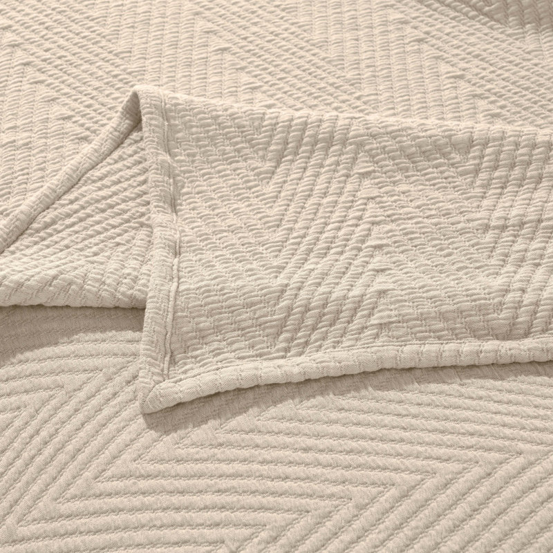 Beige Cotton Medium Weight Chevron Throw Coverlet