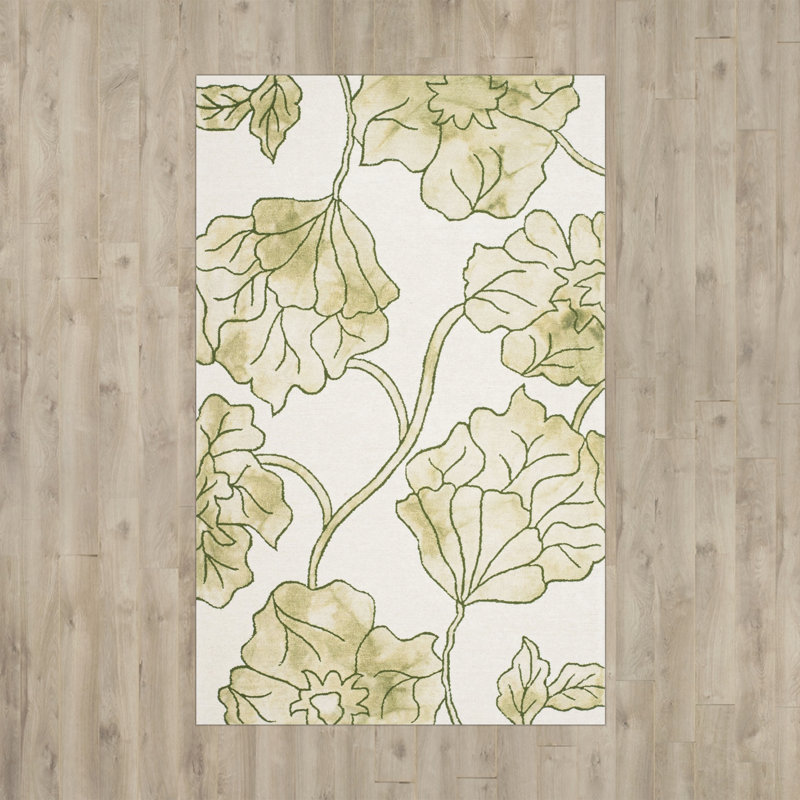 Coleman Hand Tufted Wool/Cotton Floral Rug in Ivory/Light Green, Rectangle 5' x 8'
