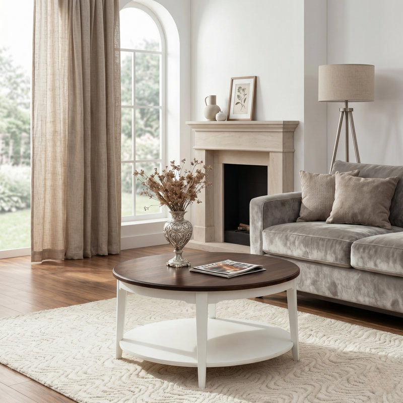 Table basse 31,5 po avec tablettes à 2 niveaux en bois massif brun foncé et crème moderne pour le salon et la chambre à coucher