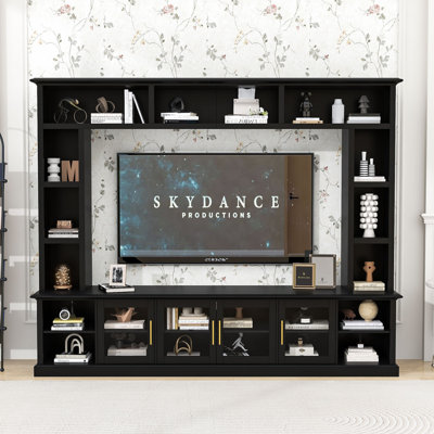 Modern Entertainment Center with Glass Doors, TV Stand with Adjustable Storage and Anti-Tip Safety
