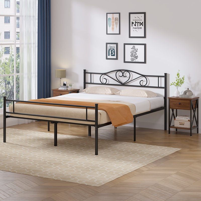 3-Pieces Bedroom Set, Metal Platform Bed Frame With Headboard And 2 Nightstand, Steel Slats Support, Easy To Assemble