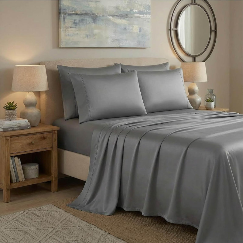 adamstown 1500 Thread Count 6 Piece Premium Cotton Rich Sateen Sheet Set, 4 Pillow Cases, 1 Fitted Sheet, 1 Flat Sheet, Fits Mattresses up to 16” Deep, California King Size, Charcoal