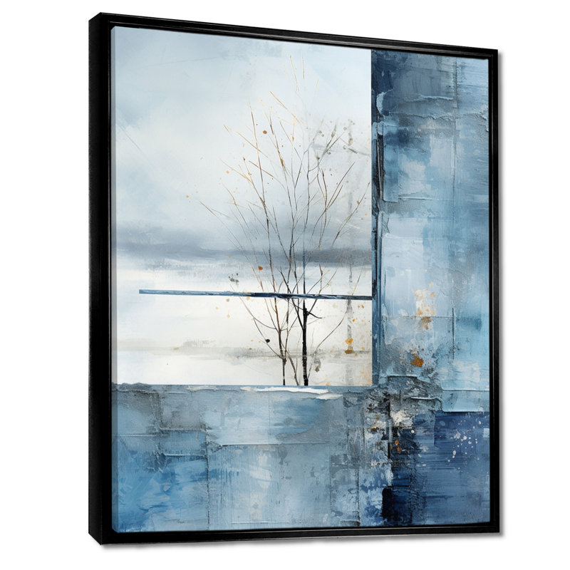 «White and Blue Winter Forest Collage IV - Winter Landscape», art mural, Cadre flottant noir, H 32 po x l 16 po x P 1 po
