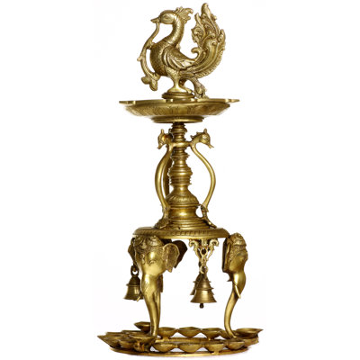 24" Brass Peacock & Elephant Floor Lamp | Multi-Tiered Puja Diya with Bells | Handcrafted Temple Home Decor