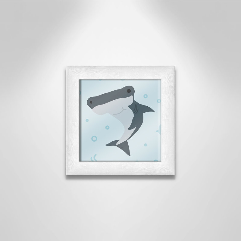 Impression sur papier Happy Hammerhead, H 8 po x l 8 po x P 0,6 po, Encadré plat à grain de bois blanc