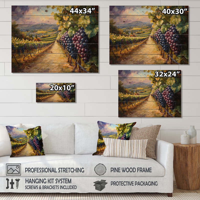 Vineyard In California Summer II - Impression sur bois de vigne - sur bois de pin naturel, H 24 po x l 32 po x P 0,78 po