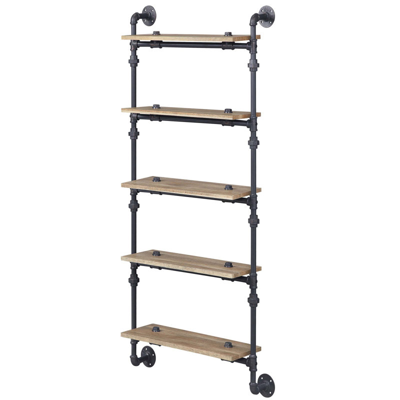Oak and Sandy Black Rectangle Wall Shelf, (5 Shelves) 59.5"H x 28.5"W x 9.5"D