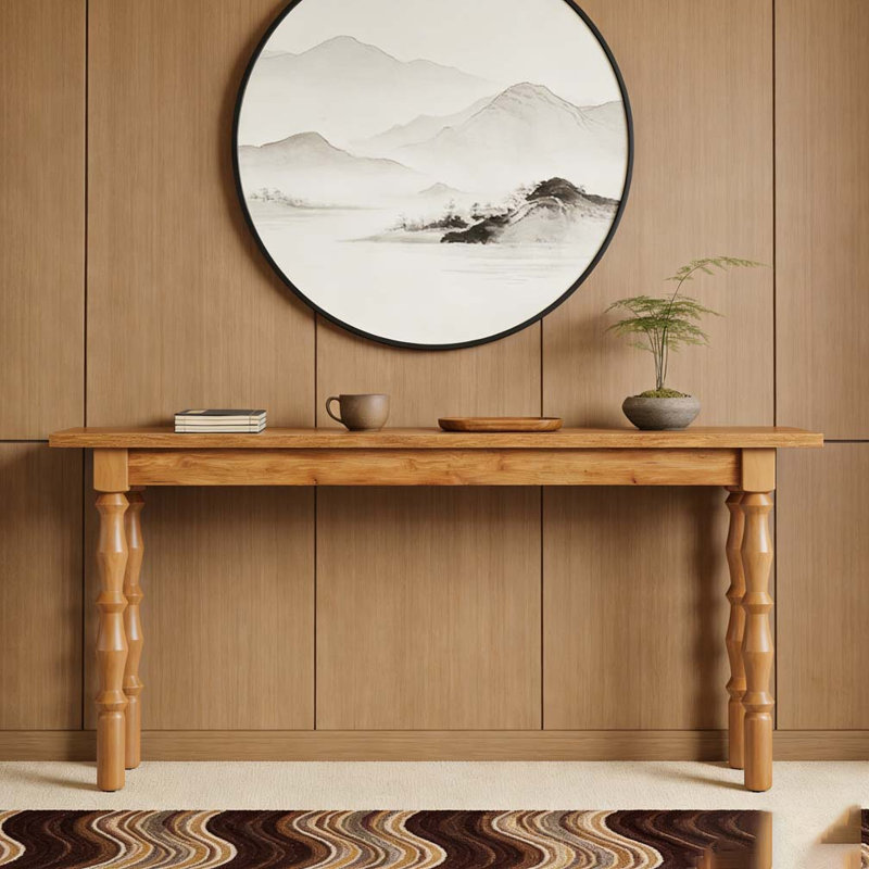 Console en bois avec canapé et table derrière le canapé