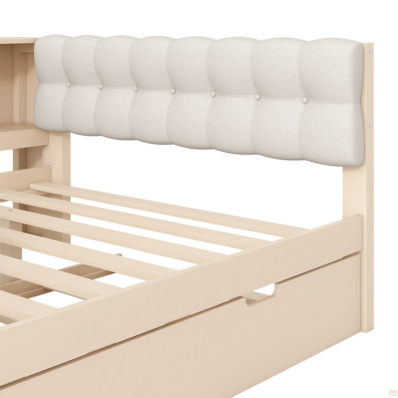 Lit plateforme double en bois avec tablettes de rangement, lit gigogne et station de charge, Lit double, Crème