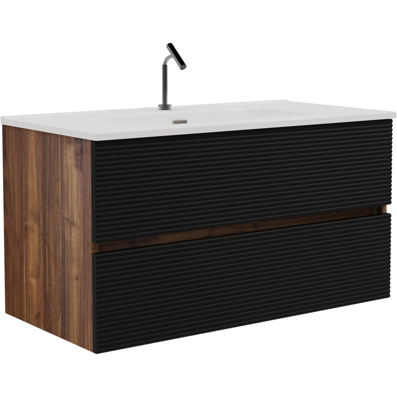 Meuble-lavabo noir et noyer doux 36 po avec lavabo en céramique intégré, trop-plein, conception flottante, tiroirs rayés élégants, glissières silencieuses, 20% plus d'espace de rangement en noyer, mélange de couleurs, poignée fermée