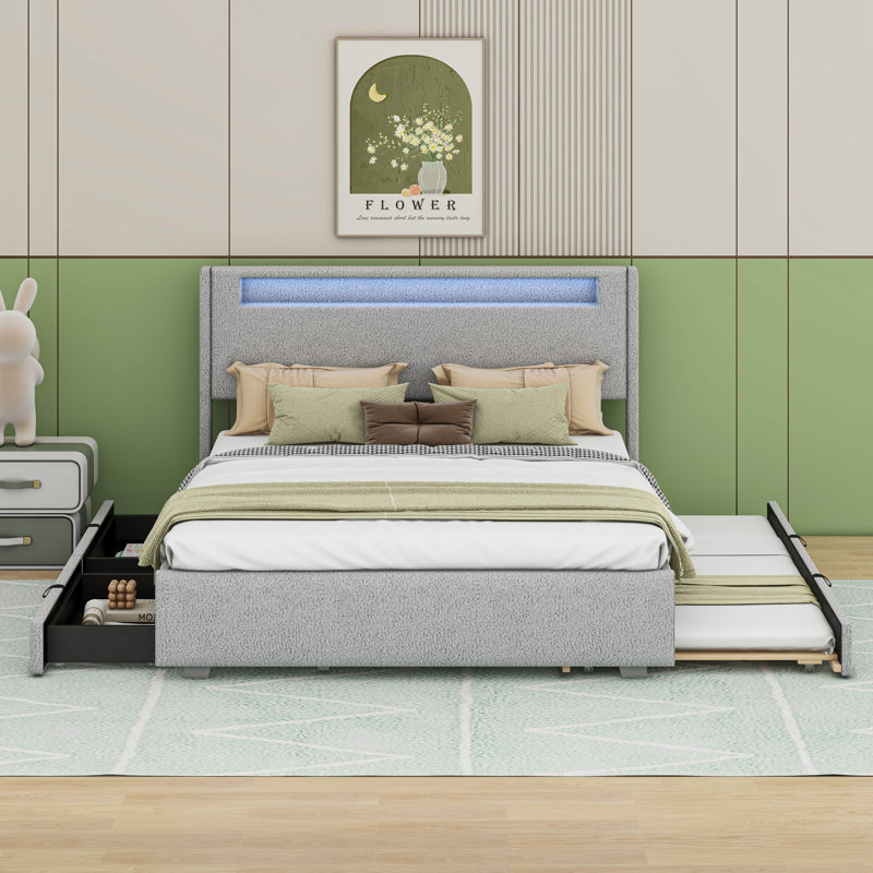 Lit plateforme tapissier Jomana, Double, gris