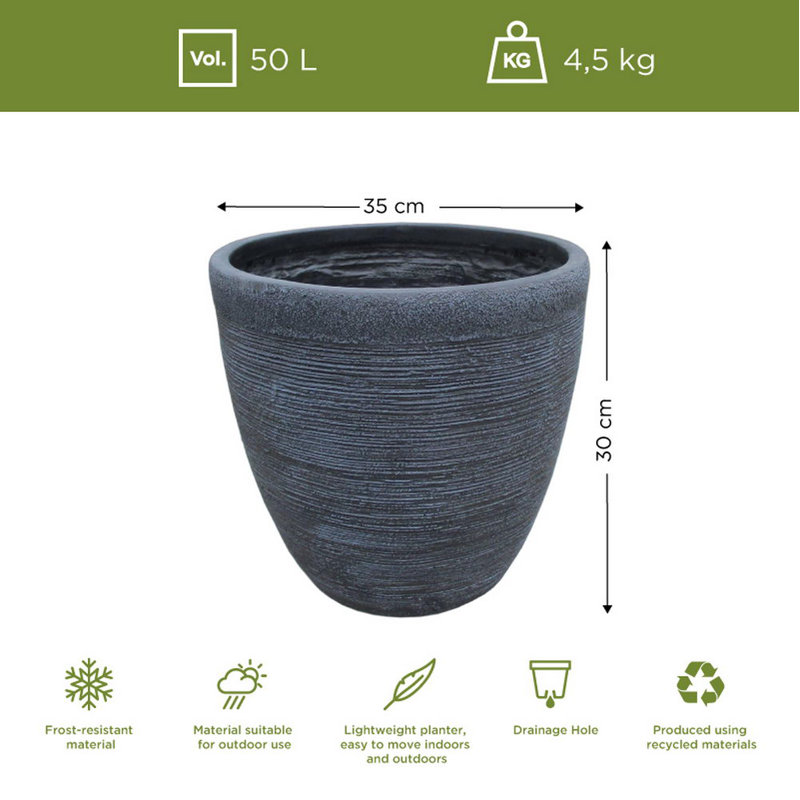 Ribbed Fibreglass Plant Pot, 30cm H x 35cm W x 35cm D, Black
